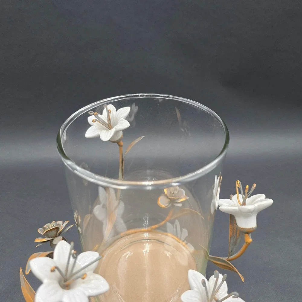 Vintage Ceramic Lily Floral Glass Vase Candle Holder Metal Base Centerpiece